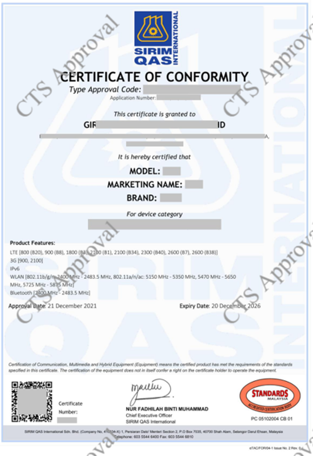 SIRIM certificate
